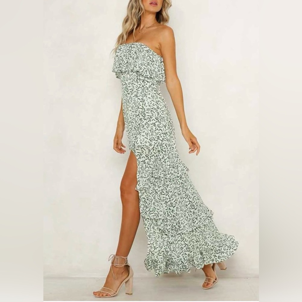 NWOT Yorgos Bohemia Strapless Long Maxi Dress Ruffles Side Slit, Floral Olive
